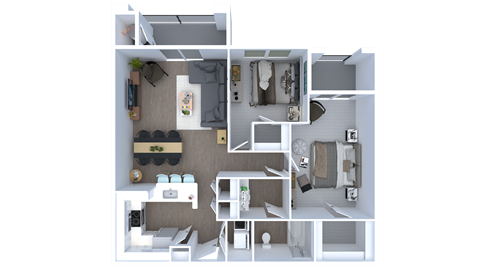 A 3D floor plan of a small apartment with a kitchen, living room, and bathroom.