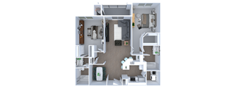 A white and grey apartment with a kitchen, living room, and bathroom.