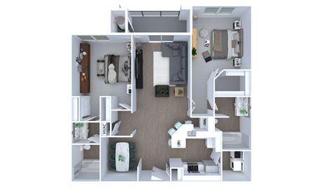 A white and grey apartment with a kitchen, living room, and bathroom.