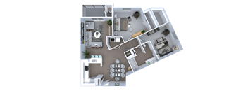 A 3D floor plan of a house with a kitchen, living room, and dining area.