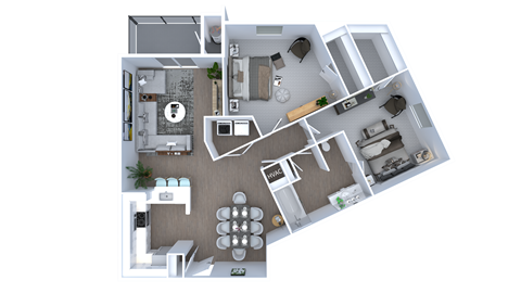A 3D floor plan of a house with a kitchen, living room, and dining area.