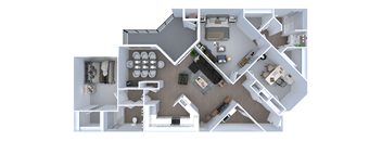A top-down view of a house layout with a kitchen, living room, and bedrooms.