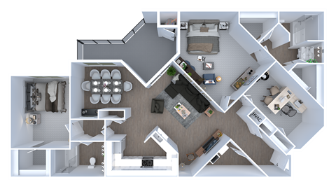 A top-down view of a house layout with a kitchen, living room, and bedrooms.