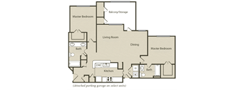 A floor plan of a house with two master bedrooms, a living room, a dining room, a kitchen, and a bath.