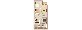 A detailed floor plan of a two-story apartment with labeled rooms.
