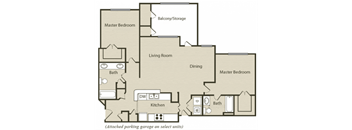A floor plan of a house with two master bedrooms, a living room, a dining room, a kitchen, two bathrooms, and an attached parking garage.