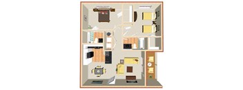 A detailed floor plan of a two-bedroom apartment with a living room, kitchen, and bathroom.