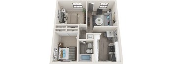 A diagram of a small apartment with a kitchen, living room, and bathroom.