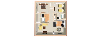 A floor plan of a small apartment with a kitchen, living room, and bathroom.