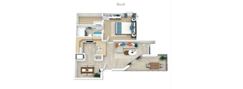 A top-down view of a living room with a couch, a coffee table, and a television.