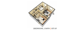 A 3D image of a 1 bedroom, 1 bathroom apartment with 875 square feet.