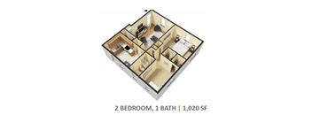 A 2 bedroom, 1 bathroom apartment with 1,020 square feet.