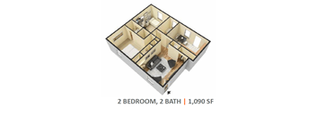 A 2 bedroom, 2 bathroom apartment with 1,090 square feet.