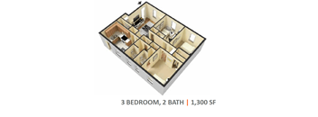 A 3 bedroom, 2 bathroom apartment with 1300 square feet.