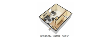 A 3D image of a bedroom with 1 bathroom and 500 square feet.
