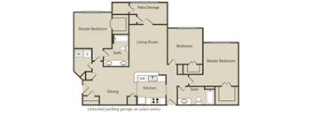 A floor plan of a house with a kitchen, dining area, living room, and two bedrooms.