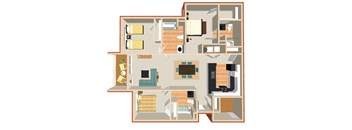 A 3D floor plan of a house with furniture and appliances.