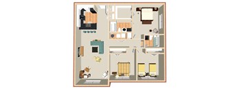 A floor plan of a house with a kitchen, living room, and two bedrooms.