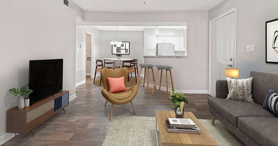 a living room with a couch and a table