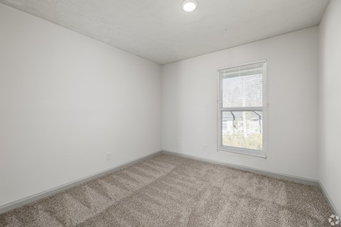 A room with a carpeted floor and a window.
