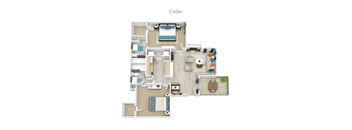 A cederar floor plan with a kitchen, living room, and two bedrooms.
