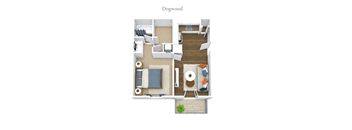 A top-down view of a cozy apartment layout with a living area, kitchen, and bedroom.