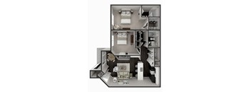 A 3D floor plan of a small apartment with two bedrooms, a living room, and a kitchen.