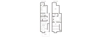 A diagram of a two level apartment with the lower level including a patio, kitchen, dining room and living room and the upper level including an attic, two bedrooms and a loft.