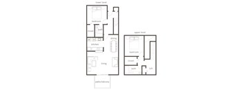 A floor plan of a two-level home with a living room, dining room, kitchen, bedrooms, bathrooms, and a loft.