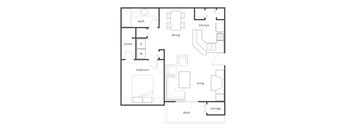 A black and white floor plan of a house with a bedroom, living room, kitchen, and deck.