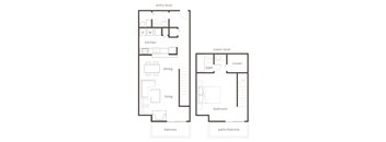 A floor plan of a two level home with a balcony and a patio.