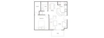 A black and white floor plan of a house with a bedroom, living room, kitchen, dining room, and bathroom.