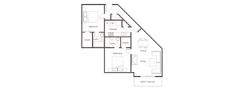 A black and white image of a house floor plan with a patio and balcony.