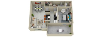 a 3d rendering of a floor plan with a bedroom and living room