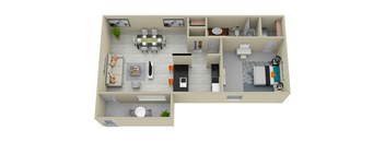 a 3d rendering of a floor plan with a bedroom and living room