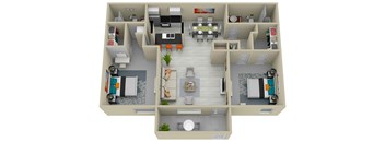 a 3d rendering of a floor plan with bedrooms and a living room
