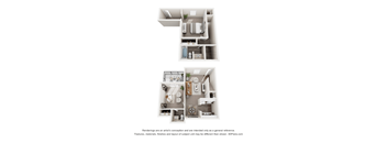 A 3D floor plan of a house with two bedrooms, a living room, a kitchen, and a bathroom.