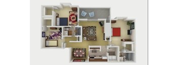 A 3D floor plan of a house with a kitchen, living room, and two bedrooms.