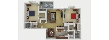 A 3D floor plan of a house with a kitchen, living room, and two bedrooms.