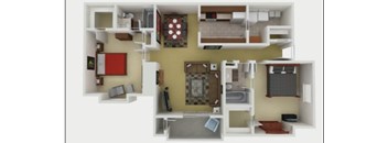 A 3D floor plan of a small apartment with a kitchen, living room, and bedroom.