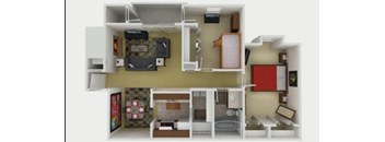 A dollhouse living room with a couch, chair, and television.