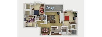 A 3D floor plan of a house with a kitchen, living room, and two bedrooms.