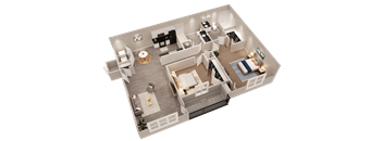 an overhead view of a bedroom floor plan with a bedroom and living room