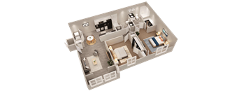 a 3d floor plan of a bedroom with a living room