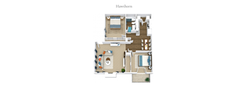 A floor plan of a Hawthorn apartment with a living room, kitchen, dining room, and two bedrooms.