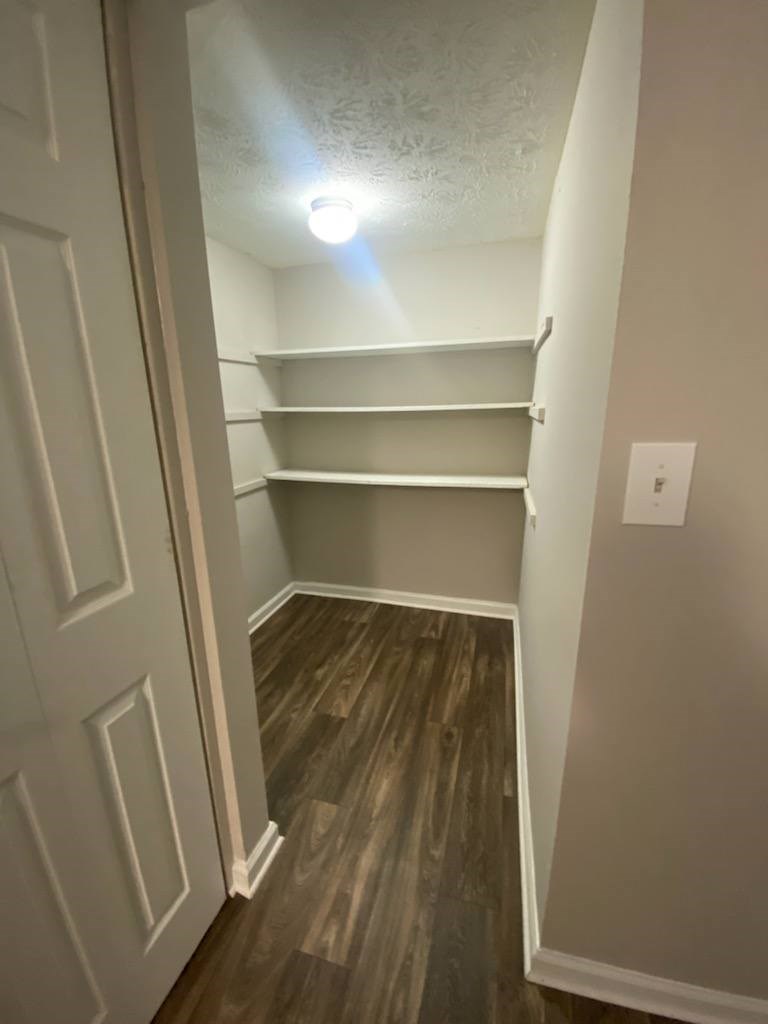 A white door opens to a room with a light on the ceiling and shelves on the wall.