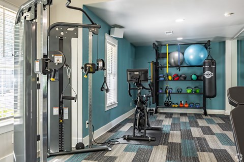 A home gym with a variety of equipment including a treadmill, weights, and a stationary bike.