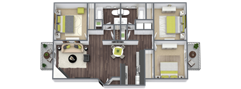 A top-down view of a house layout with a central living area, two bedrooms, a kitchen, and a bathroom.