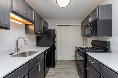 A kitchen with black cabinets and appliances.
