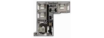 A black and white image of a dollhouse with multiple rooms and furniture.